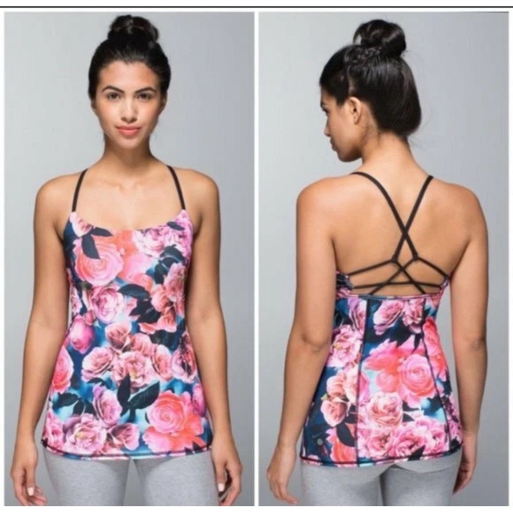 Lululemon Free To Be Tank Romantic Rose Multi Floral Strappy Back Pink Size 4